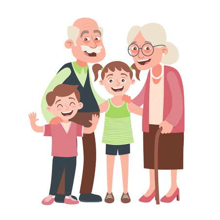 Grandparents, granddraughter and grandson portrait. Happy grandparents day concept. Vector illustration in cartoon style, isolated on white background.のイラスト素材