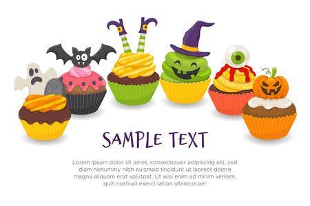 Halloween background with six funny cupcakes isolated on white background. Editable blank space, perfect for headers and DIY cards. Vector illustration.のイラスト素材