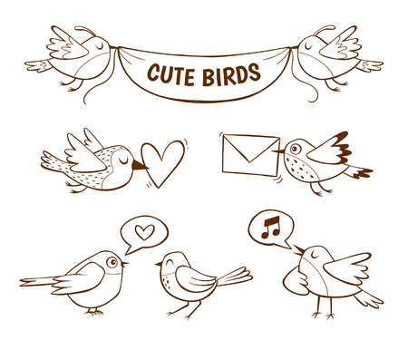 Hand drawn cute bird icons, isolated on white background. Vector illustration.のイラスト素材