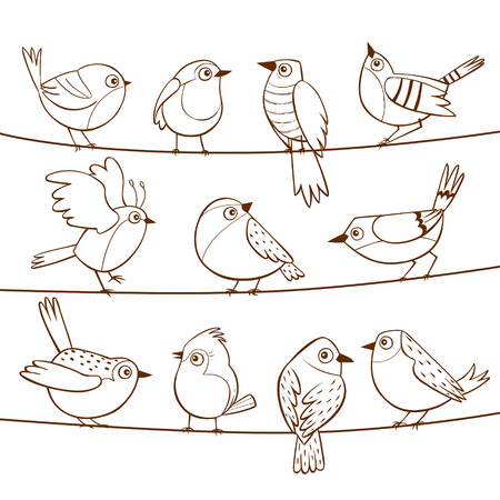 Collection of cute little birds laid on a string. Hand drawn little birds. Vector illustration.のイラスト素材