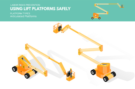 Isometric white isolated lift platforms labor risk prevention information about platform types on articulated platformの素材 [FY310124511234]