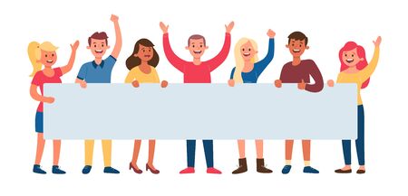 Group of seven young people holding a long blank banner for text. Announcement and celebrate concept. Flat vector illustration.のイラスト素材