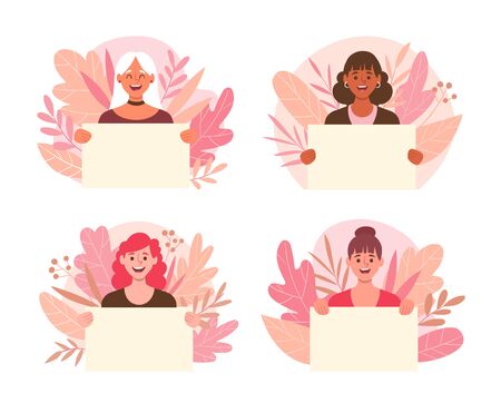 Collection of young women holding blank placards with cute floral background. Women's day concept. Set 1 of 2.のイラスト素材