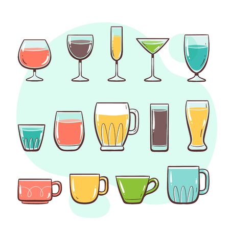 Kitchen utensils. Glasses and cups. Collection of kitchen utensils for drinking. Hand drawn colorful style collection.のイラスト素材