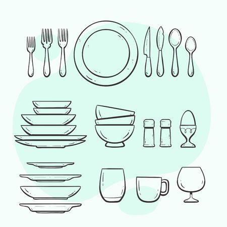 Kitchen utensils. Plates, glasses and cutlery. Doodle outlined style collection.のイラスト素材