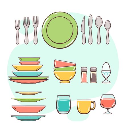 Kitchen utensils. Plates, glasses and cutlery. Hand drawn colorful style collection.のイラスト素材