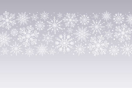 Snowflakes background. White snowflakes isolated on silver background. Hand drawn horizontal design banner. Perfect for winter designs. Vector illustration.のイラスト素材