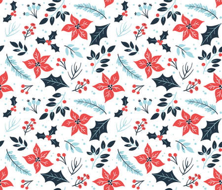 Floral Christmas seamless pattern with cold winter flowers and branches. White background.のイラスト素材