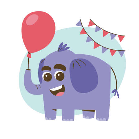 Cute smiling elephant with a red balloon. Party and celebration concept. Cute sticker for kids. Cartoon animal vector illustration.のイラスト素材
