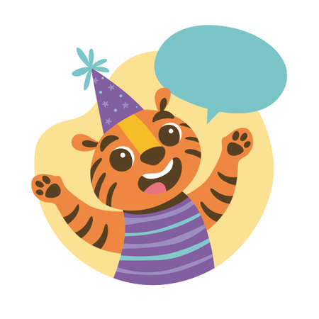 Cute tiger wearing a party hat and a blank speech bubble above his head. Party and celebration concept. Cute sticker for kids. Cartoon animal vector illustration.のイラスト素材