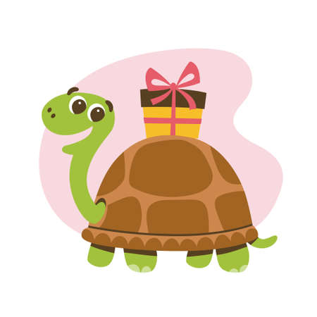 Cute smiling turtle with a gift on its shell. Love and friendship concept. Cute sticker for kids. Cartoon vector illustration.のイラスト素材