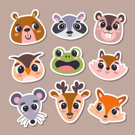 Animal stickers in cartoon style. Collection of cute forest animal heads. Vector illustration.のイラスト素材