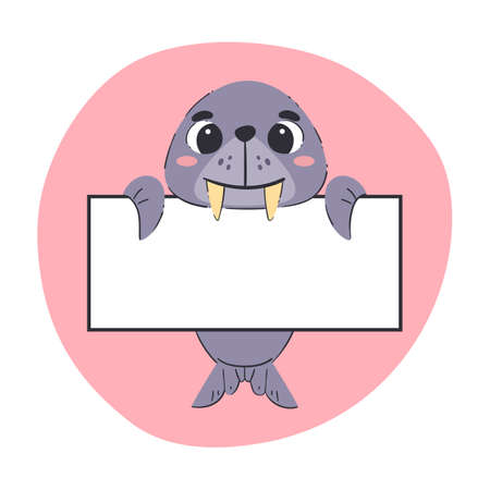 Walrus holding a white banner. Cute hand-drawn vector illustration with pink background. Editable card template.のイラスト素材