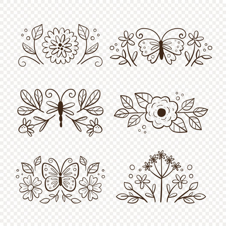 Spring decorative doodle arrangements. Collection of cute dividers isolated on white background. Seasonal floral decoration. Vector illustration.のイラスト素材