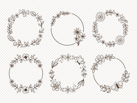 Spring doodle wreath collection. Six seasonal floral decorative wreaths, perfect for bullet journals and frames. Isolated vector elements.のイラスト素材