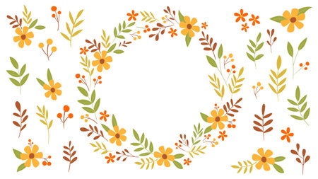 Cute hand-drawn floral wreath and isolated floral items, perfect for decorating gift cards, prints and crafting projects. A total of 24 isolated items. Vector illustration.のイラスト素材