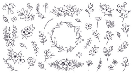 Cute hand-drawn floral wreath and isolated floral items in line art style, perfect for decorating gift cards, prints and crafting projects. A total of 40 isolated items. Vector illustration.のイラスト素材