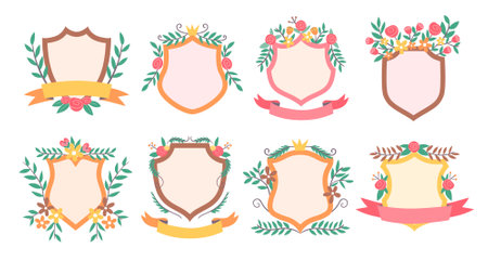 Cute hand-drawn colorful floral decorative shield set, perfect for your crafting projects. A total of 8 isolated items. Vector illustration.のイラスト素材