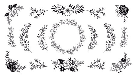 Cute hand-drawn floral wreath and isolated twigs and bouquets, perfect for decorating gift cards, prints and crafting projects. A total of 16 isolated items. Vector illustration.のイラスト素材