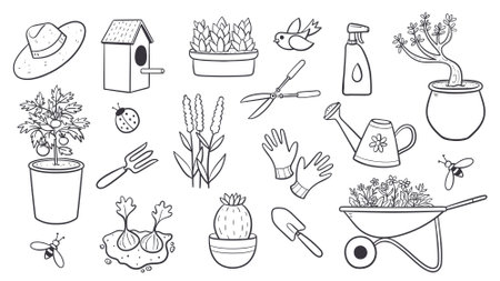 Cute hand-drawn gardening doodle set, perfect for decorationg your crafting projects. A total of 20 isolated items. Vector illustration.のイラスト素材