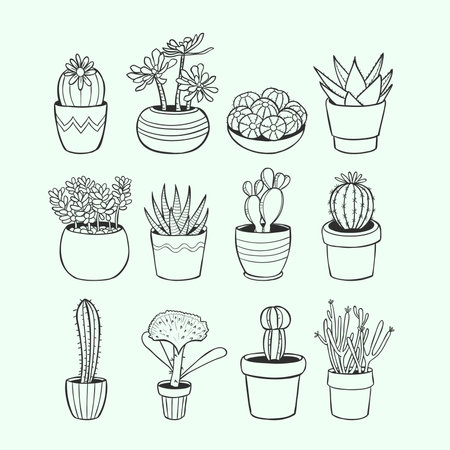 Cute hand-drawn pots with cacti and succulets, perfect for decorating surfaces, prints and crafting projects. A total of 12 potted plants. Vector illustration.のイラスト素材
