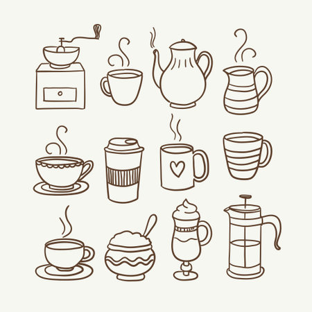 Cute hand-drawn coffee and tea doodle set, perfect for decorating surfaces, cooking recipes, prints and crafting projects. A total of 12 designs. Vector illustration.のイラスト素材