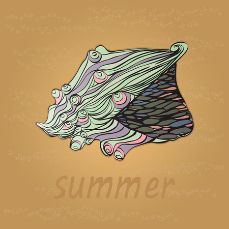 Summer card with seashells on the sand, it is written in the sand beach. Abstract multicolored shell, graphics, vector designのイラスト素材