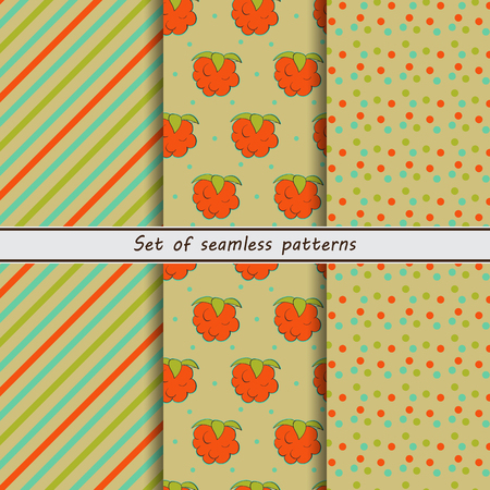 set of seamless patterns, cloudberries, background oblique striped background in pointのイラスト素材