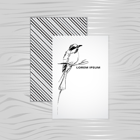 monochrome card with bird, hand painted greeting card, sketch, vector illustrationのイラスト素材