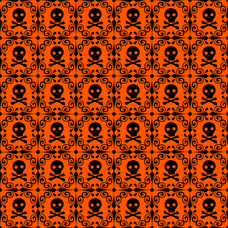 Halloween abstract seamless pattern with skulls orange and black colorsのイラスト素材