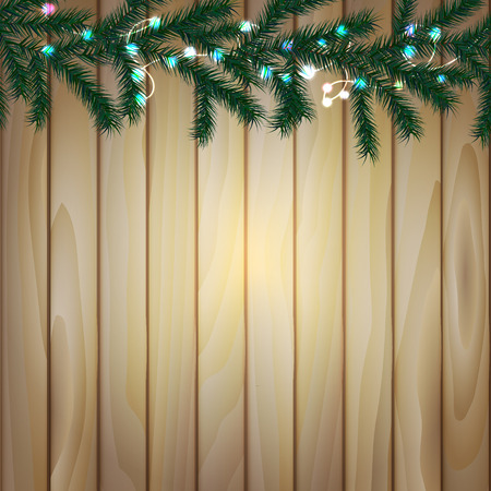 Wooden background with branches of Christmas tree and light bulbs, vector illustrationのイラスト素材