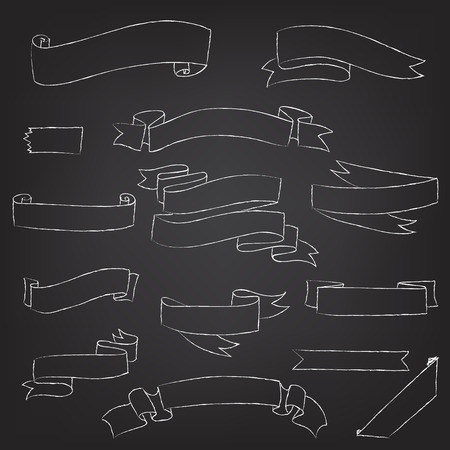 Set of flag banners drawn by chalk on a blackboard, vectorのイラスト素材