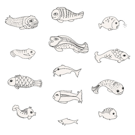 Set of decorative fish, doodle sketch, Vector illustration, isolated on whiteのイラスト素材
