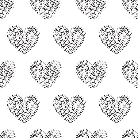 black and white seamless pattern with texture hearts.