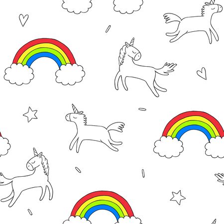seamless pattern with unicorns and rainbow. Hand drawn cartoon charactersのイラスト素材