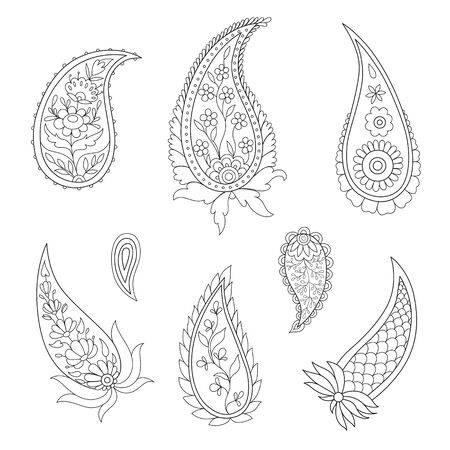 Hand drawn Paisley set, outline drawingのイラスト素材