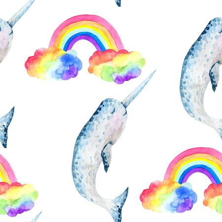 seamless pattern with narwhal and rainbow, watercolor backgroundの写真素材