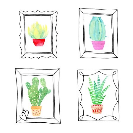 Watercolor cactus in hand-drawn frame. Set isolated on white.の写真素材