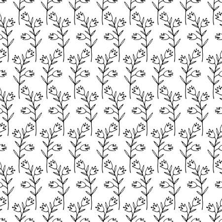 Black and white floral hand drawn outlined twigs branches seamless patternのイラスト素材