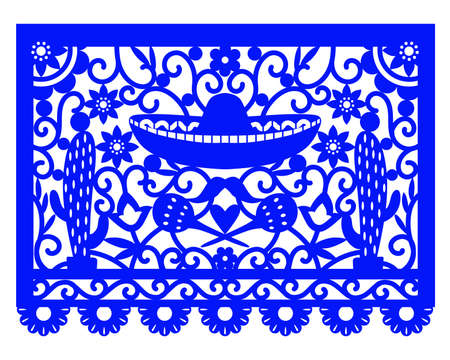 Colorful mexican perforated papel picado banner, Traditional Mexican party decorations.のイラスト素材