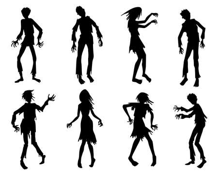 Zombie silhouettes set. Halloween icons set isolated. Zombie horror people silhouettes.のイラスト素材