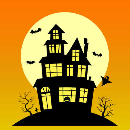 Halloween background with haunted house. Happy Halloween background with pumpkin, haunted house and full moonのイラスト素材