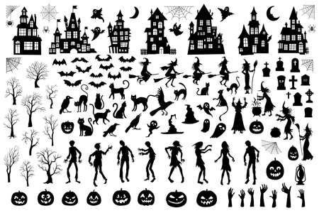 Set of silhouettes of Halloween on a white backgroundのイラスト素材