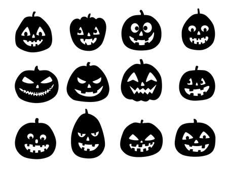Set of a scary Halloween pumpkin. Jack O Lantern Silhouettes. Set of Halloween silhouettes on white background.のイラスト素材