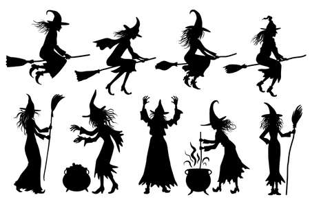 Halloweens witches silhouettes set. Vector illustrationsのイラスト素材