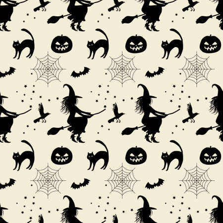 Halloween seamless pattern. Silhouette of a witch on a broomstick, cat, bat, pumpkinのイラスト素材