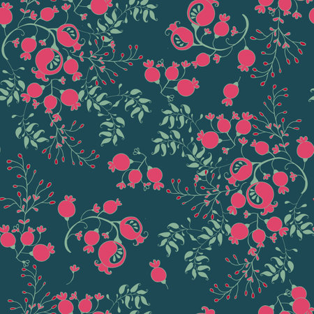 Seamless pattern with hand drawn branch, leaves, berries.のイラスト素材