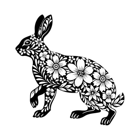 Illustration for postcard, poster, sticker, pattern. Easter bunny with floral patternのイラスト素材