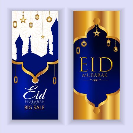 Eid Festival Golden and Blue Decorative Banner Designのイラスト素材