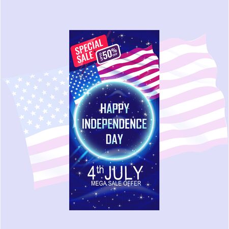 Fourth of July Independence Day Banner with USA flag waving and blue star pattern background.のイラスト素材